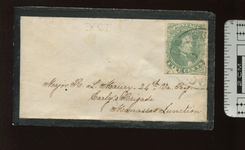 Confederate States 1 on Mourning Cover Frederickburg to Manassas Junction VA 