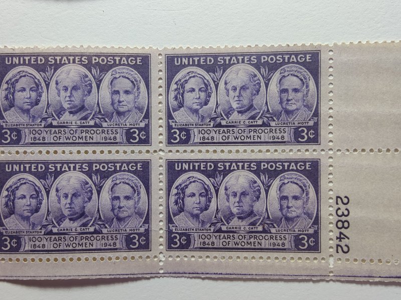 SCOTT #959 PLATE BLOCK #23842 LR PROGRESS OF WOMEN MINT NEVER HINGED BEAUTY