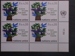 ​UNITED NATION-1978 SC#73-TREE OF DOVES-GENEVA- MNH IMPRINT BLOCK VERY FINE
