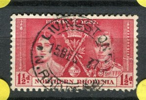 RHODESIA; 1937 early GVI Coronation issue used 1.5d. value LIVINGSTONE