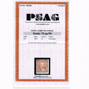 VERY AFFORDABLE GENUINE SCOTT #255 FINE MINT OG H PSAG CERT 1894 CHOCOLATE