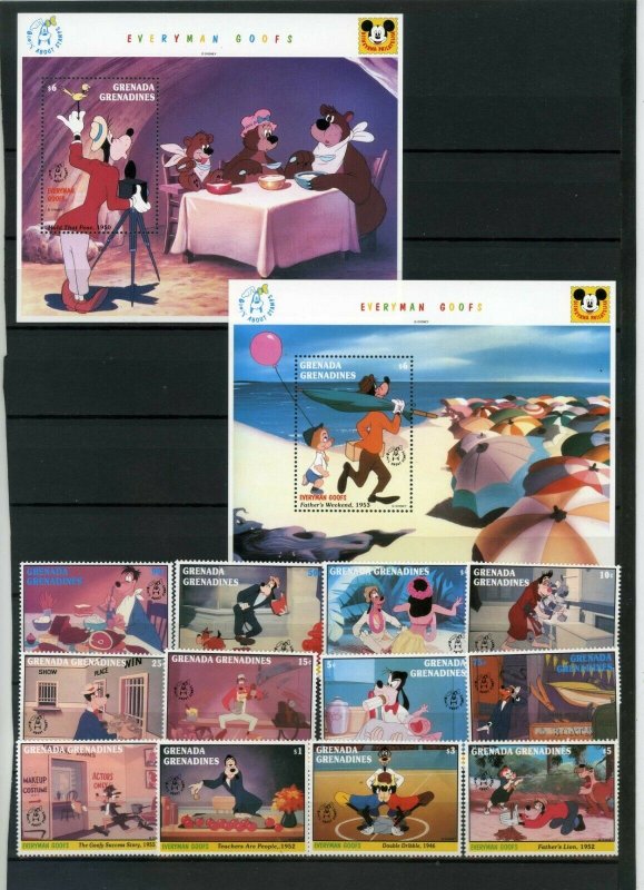 GRENADA GRENADINES 1992 DISNEY GOOFY 60th ANNIVERSARYSET OF 12 STAMPS & 2 S/S 