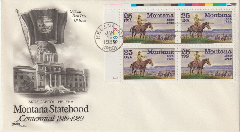 U.S.  Scott #2401 1989 FDC Montana Statehood ArtCraft Un-Addressed Plate Block