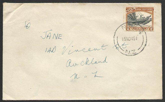 NIUE 1945 commercial cover to NZ - 2d single franking......................51658