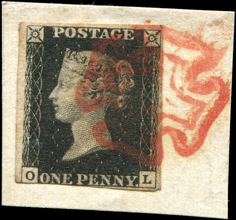 Great Britain - Scott #1 - 1840 QV 1d Black on Piece - Red MC Cancel