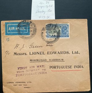 1931 Bombay India First Flight Airmail cover FFC To Mormugao Portuguese India