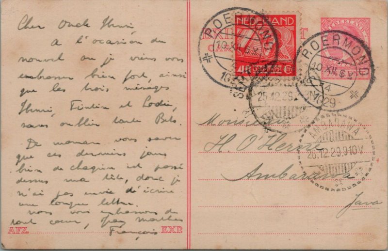 NETHERLANDS POSTAL HISTORY POSTCARD ADDR AMBARAWA JAVA CANCEL P.OERMOND YR'1929