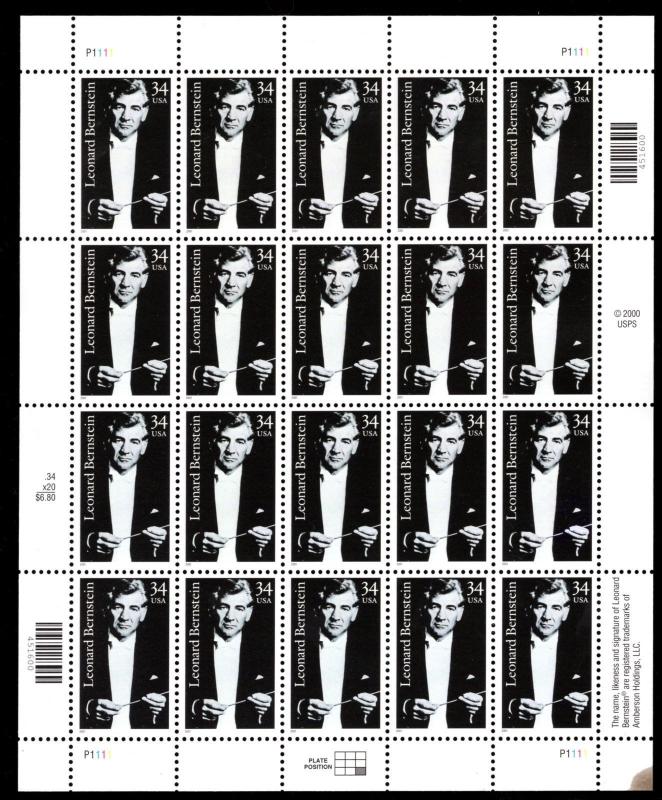 Leonard Bernstein sc 3521 34¢ Sheet of 20    MNH  