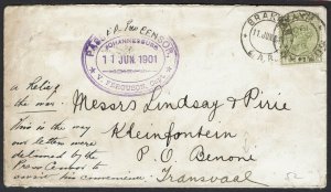 NATAL 1901 BOER WAR QV CENSOR COVER TO TRANSVAAL