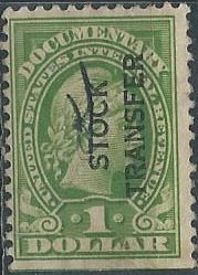 US RD12 (used) $1 stock transfer, green, perf. 11 (1918)