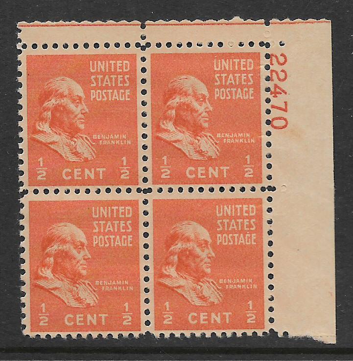 UNITED STATES, 803, MNH, PLATE BLOCK 61, FRANKLIN