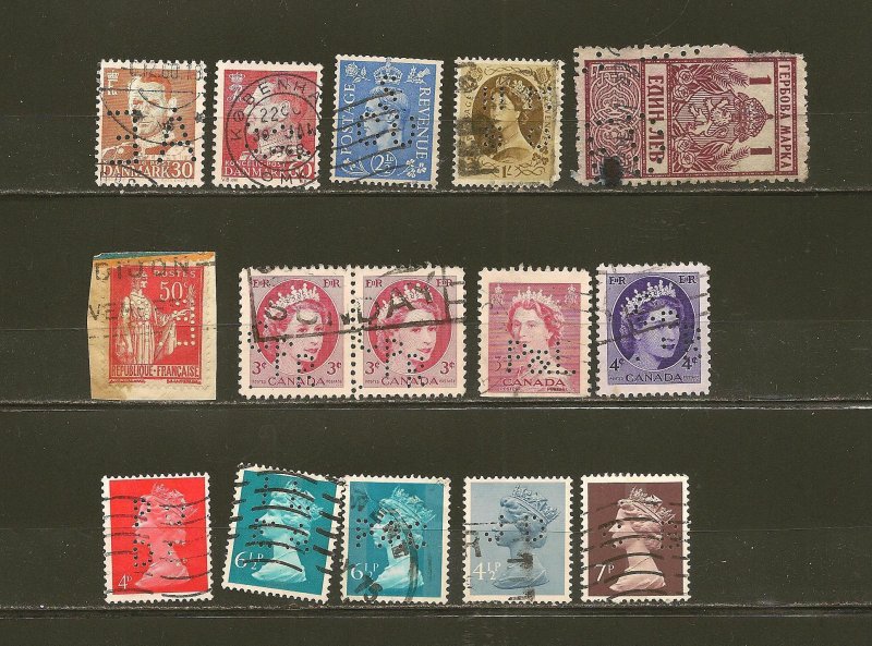 World Wide Collection of 15 Used Perfin Stamps Canada Great Britain Denmark etc