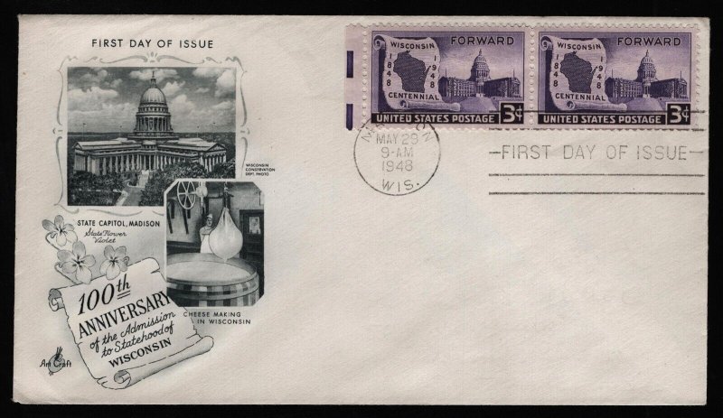 #957 3c Wisconsin Statehood-Pair, Art Craft FDC **ANY 5=FREE SHIPPING**