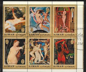 Ajman- Famous Old Masters Nudes Block of 6 (CTO)