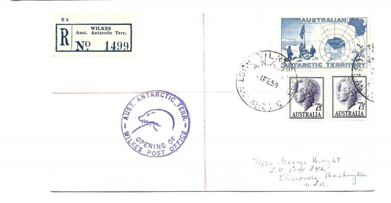 Australia Antarctic Territory cover 1959 - Opening of Wilkes Post Office cachet