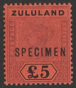 ZULULAND 1894 QV Tablet £5 SPECIMEN. normal cat £5500. Rare.