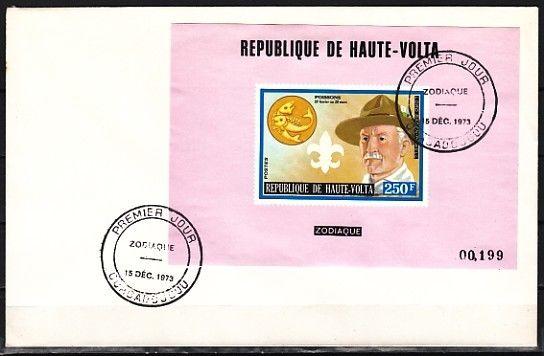 Burkina Faso, Scott cat. 322. Scout Baden Powell s/sheet. First day cover.