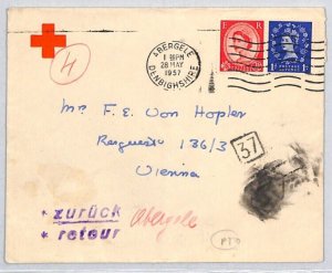 GB Wales Cover RED CROSS Denbighshire Abergele AUSTRIA RETOUR Vienna 1957 RC61