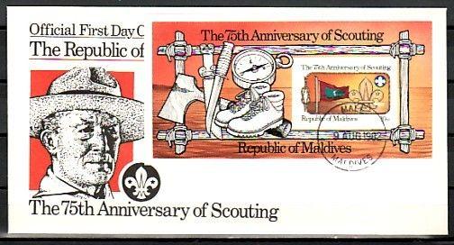 Maldives, Scott cat. 960. Scouting, 75th Anniversary IMPERF. First day cover.