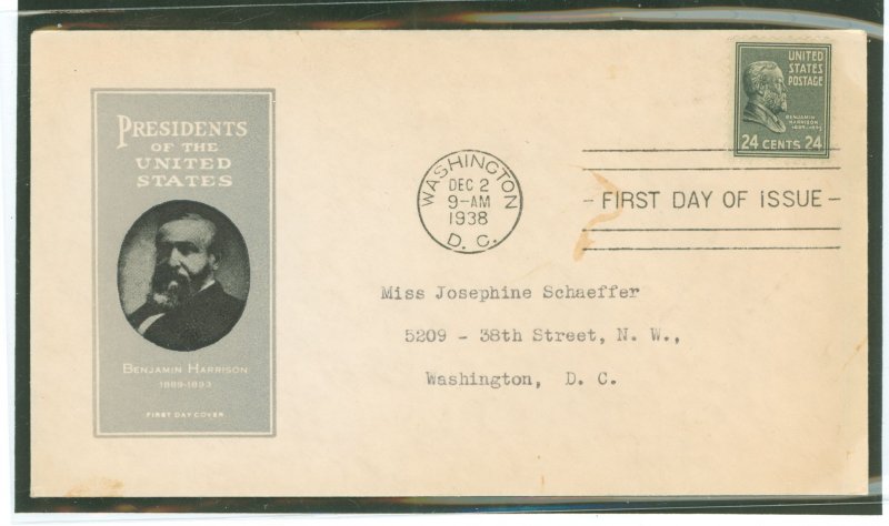 US  1938 24c Benjamin Harrison (presidential/prexy series) single on an addressed first day cover with an Ioor cachet.