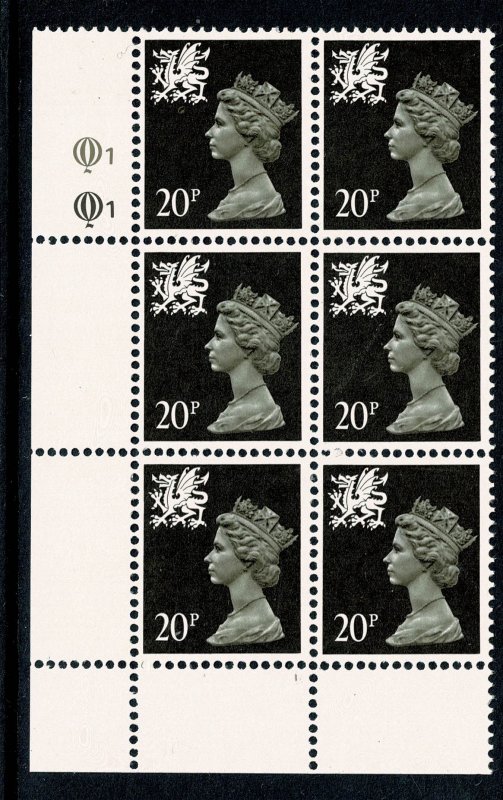 GB 20p black ACP/PVA Plate Q1Q1. Plate block of six.