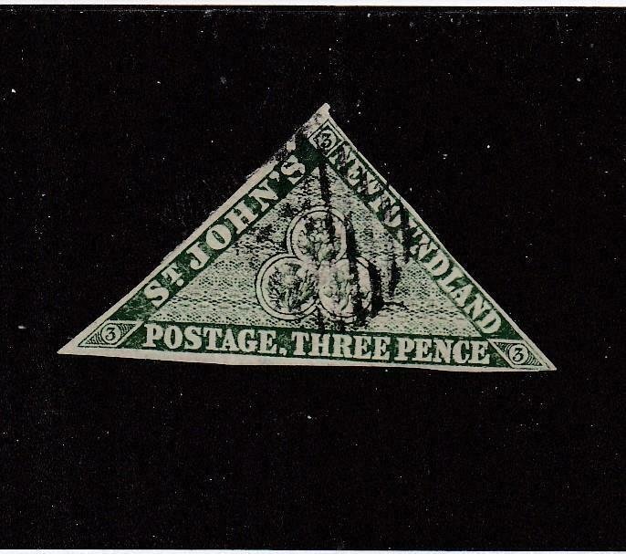 NEWFOUNDLAND (MK6805) # 3  F-USED 3p 1857 TRIANGLE IMPERF /GREEN CAT VALUE $350