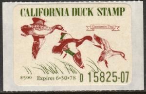 U.S.-CALIFORNIA 8, $5.00 1978 STATE DUCK HUNTING PERMIT STAMP. MINT, NH. VF