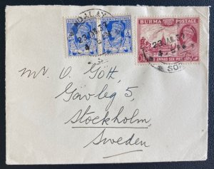 1939 Mandalay Burma Cover To Stockholm Sweden