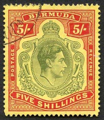 Bermuda SG118b KGVI 5/- Pale Green and Red/yellow Line Perf 14.25 (Ref 93) 