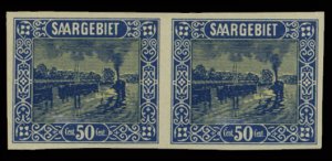 Saar #110 (Mi 92U) Cat€20, 1922-23 50c dark blue and straw, imperf. horizon...