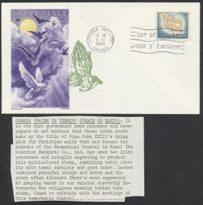 1964 #416 World Peace FDC, Overseas Mailers Cachet + Insert, Ottawa