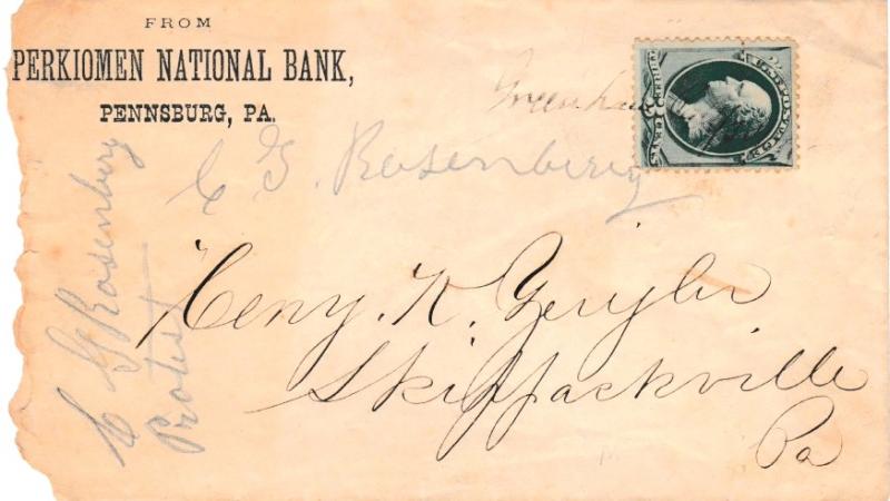 United States Pennsylvania Green Lane 1871 ms  1871-1895  3c Washington Bankn...