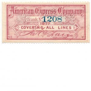 2CF2 American Express Co. Red Frank stamp, No. 1208, 1877, Buffalo, New York