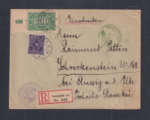 GERMANY 1923 INFLATION ISSUES REG’D COVER NEUMARKT TO SCHNECKENSTEIN CZECHIA