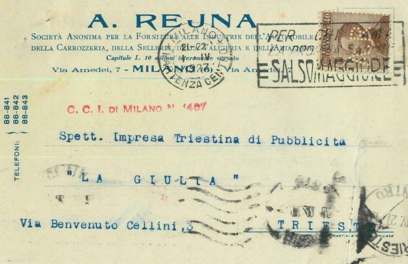 93181 - ITALY - POSTAL HISTORY - PERFIN stamp on CARD: A Rejna AUTOMOBILE 1927