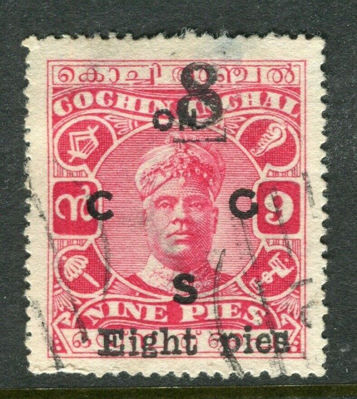 INDIA; COCHIN 1923-24 early surcharged issue ' 8p. ' used value as SGO21