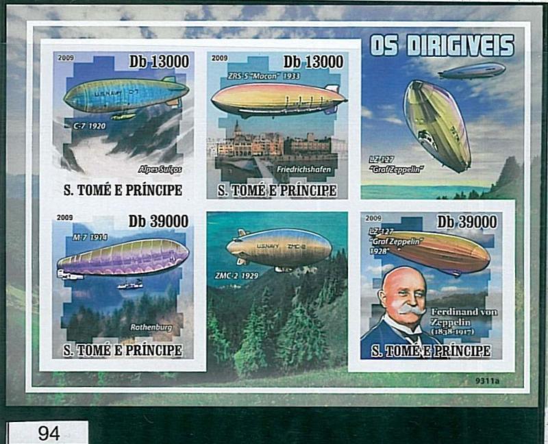 Sao Tome e Principe 2009, IMPERF SHEET: Ferdinand Von Zeppelin, Aircrafts