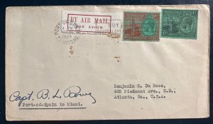 1929 Port Spain Trinidad First Flight Cover FFC To Miami FL Usa LB Rowe Signed