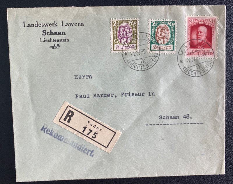 1930 Vaduz Liechtenstein Registered Commercial Cover To Schaan Sc#91