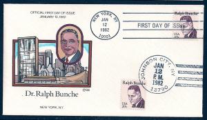 UNITED STATES FDC 20¢ Dr Ralph Bunche DUAL 1982 Collins H-P