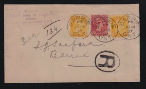 Canada 1897 Shortpaid Small Queen Drop Rate Cover Barrie Simcoe