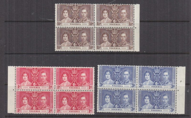 NIGERIA, 1937 Coronation set of 3, marginal blocks of 4, mnh.