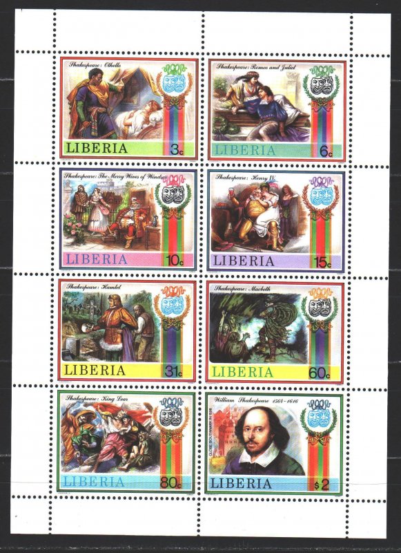 Liberia. 1987. Small sheet 1366-73. Shakespeare, the characters of Shakespear...