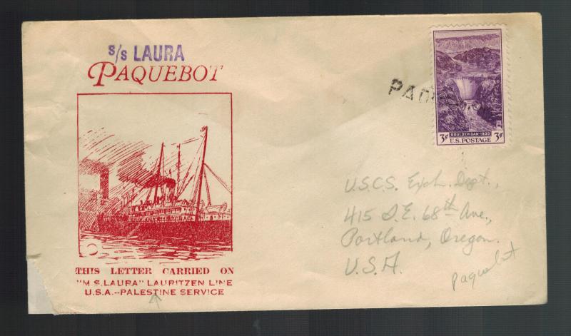 1930s Palestine Cover to USA Posted at Sea SS Laura paqueboat