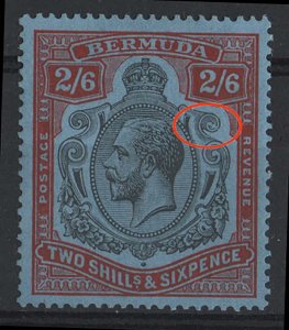 Bermuda 1924 2/6d black & scarlet-vermilion/blue break through scroll variety