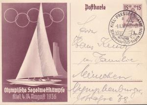 Germany 1936 Postal Card for the Olympic Games with Sailboat Bild & Cancel VF