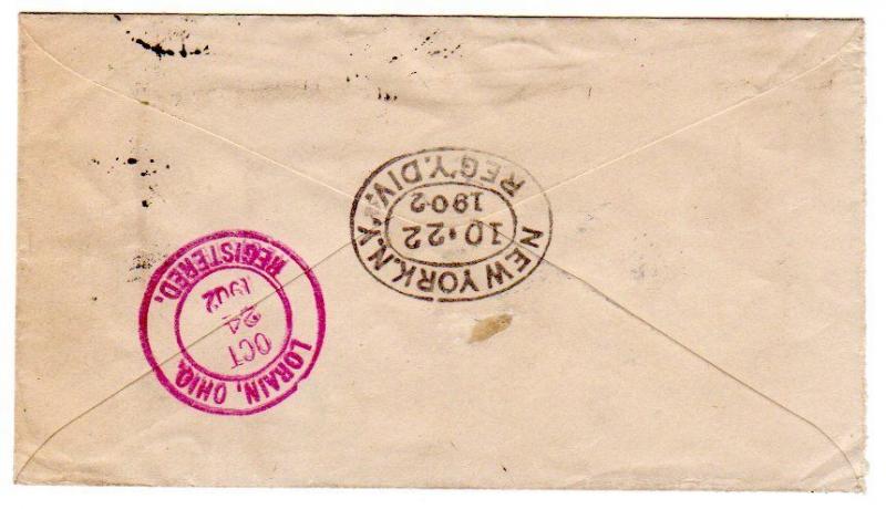 Danish West Indies Scott 22 and 28 on registered cover to the Loraen, Ohio, USA