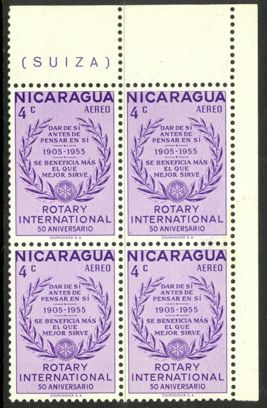 NICARAGUA 1955 4c ROTARY INTERNATIONAL Airmail BLOCK OF 4 Sc C356 MNH