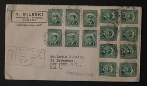 1946 Winnipeg Canada Registered Cover To  New York USA 14 booklet pane stamps