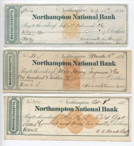 3 diff 1870s Northampton National Bank MA revenue stamped paper checks [y8260]